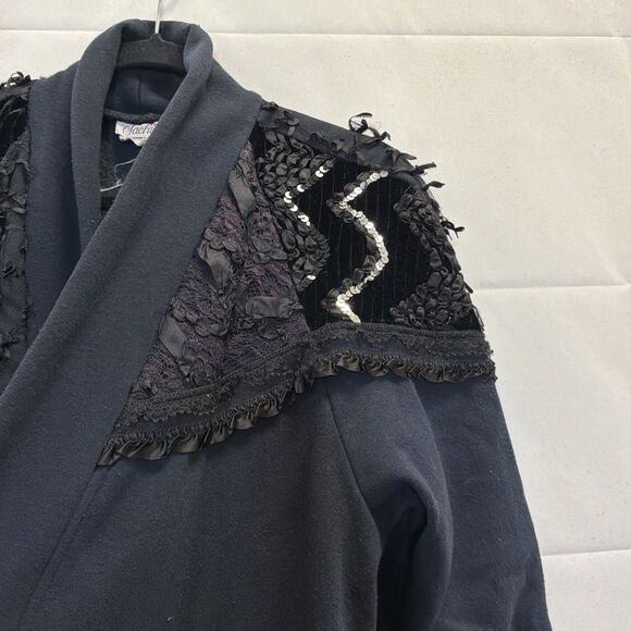 Vintage Sachi New York Black Long Cardigan Coat Beaded Lace Embellished - Picture 7 of 14